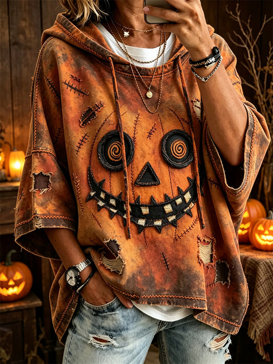 Women's Halloween Pumpkin Face & Stitches Print Mid-length Sleeves Oversize Hoodie