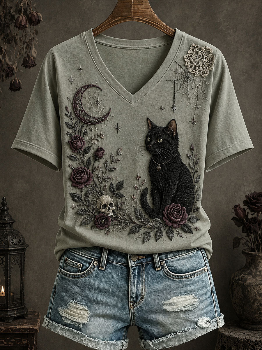 Women's Gothic Style Floral Cat T-Shirt