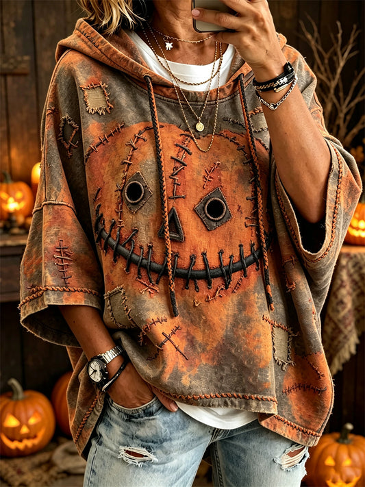 Women's Halloween Pumpkin & Spooky Stitches Print Mid-length Sleeves Oversize Hoodie