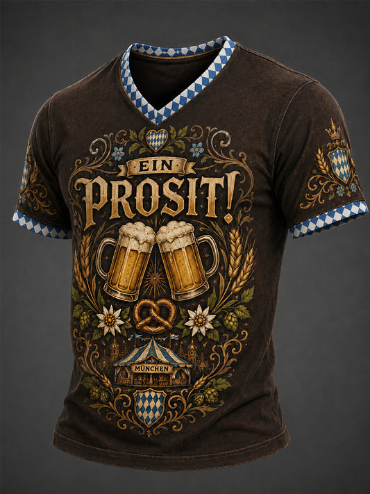 Men's Oktoberfest Prost! Print Casual V-Neck Tee