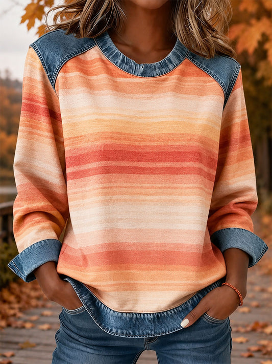 Women's Autumn Striped Print Denim-Panel Top