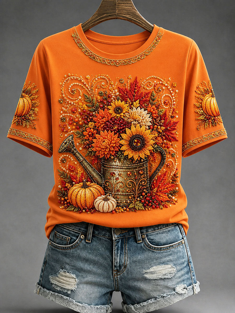 Women's Autumn Spray Bottle Pumpkin Floral Print T-shirt
