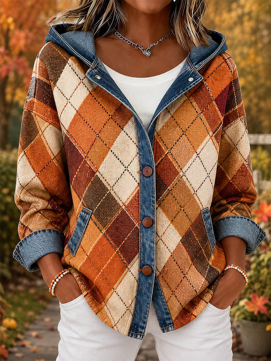 Women's Fall Plaid Print Denim Patchwork Hooded Cardigan