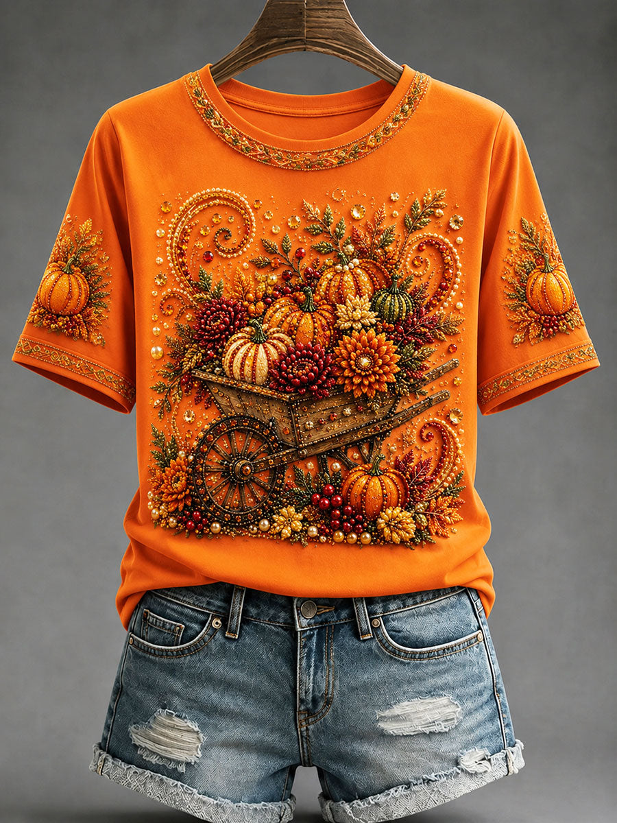 Women's Autumn Pumpkin Cart Floral Print T-shirt