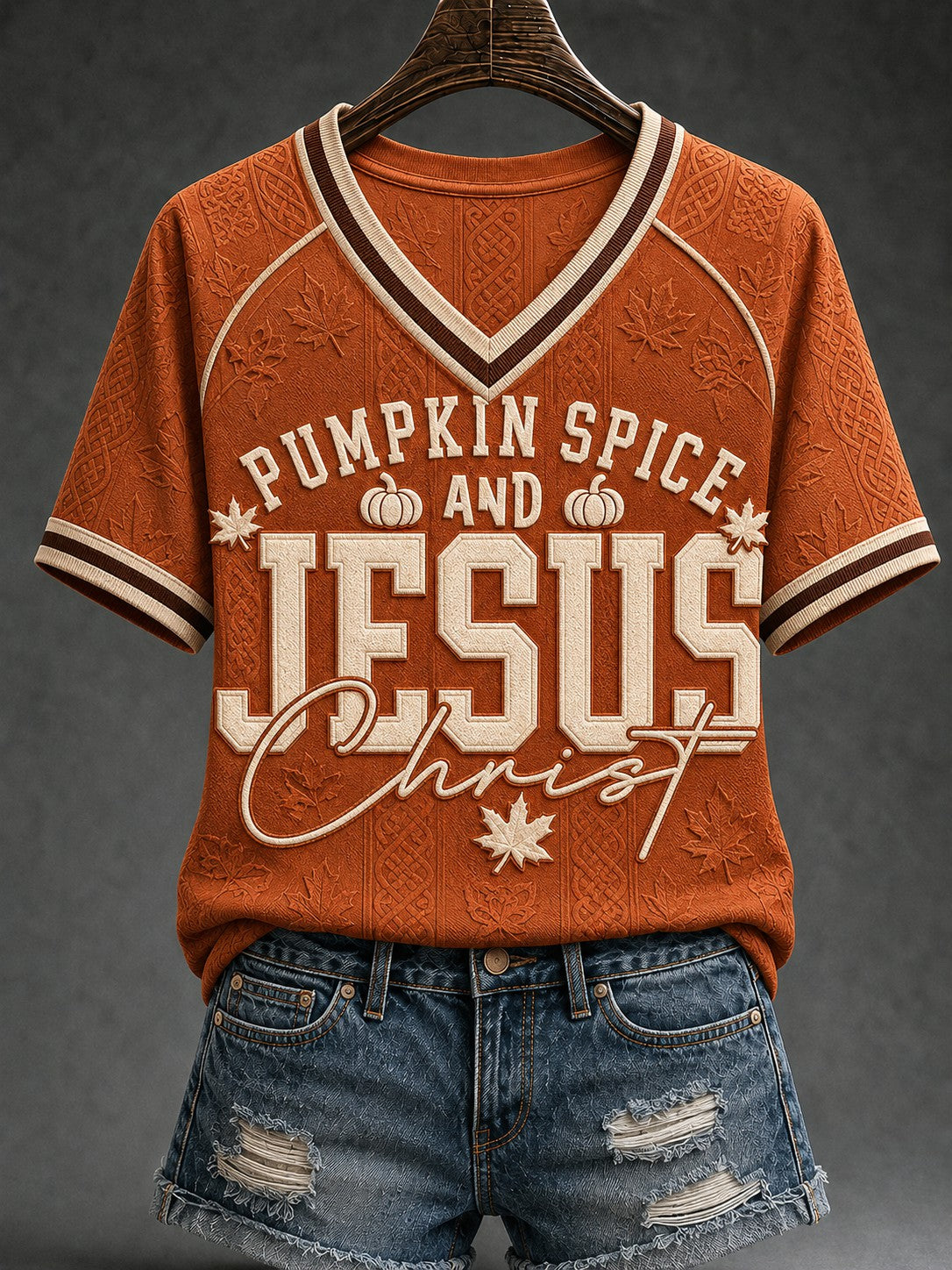 Women's Pumpkin Spice and Jesus Christ Autumn Faith Printed V-neck T-shirt