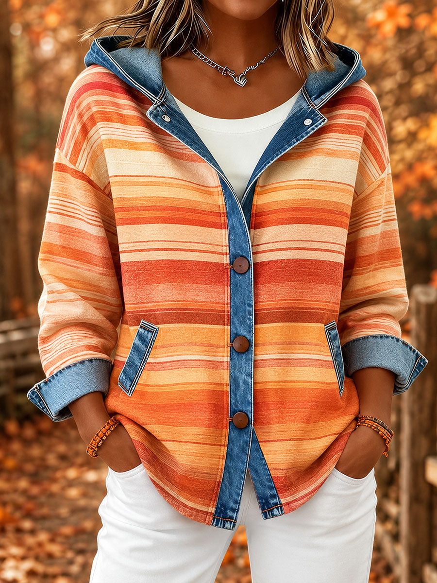 Women's Autumn Striped Print Denim-Panel Hooded Cardigan