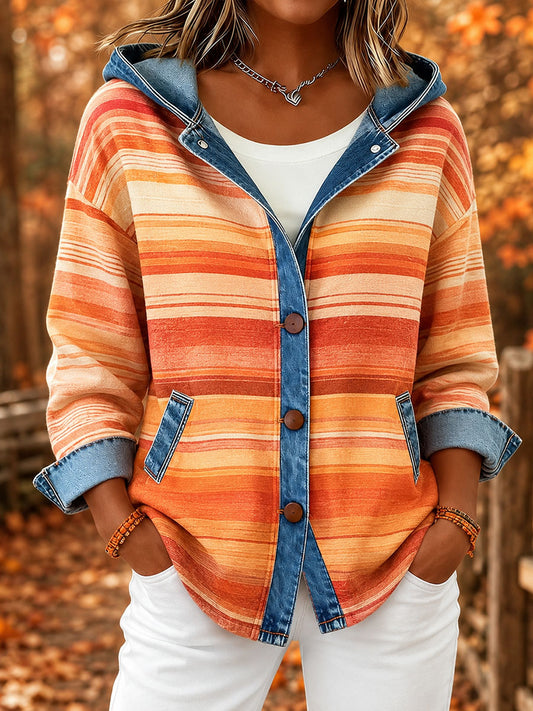 Women's Autumn Striped Print Denim-Panel Hooded Cardigan
