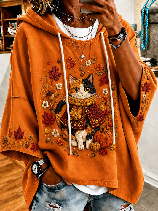 Women's Retro Fall Maple Leaves Cute Cat Casual Loose Hoodie