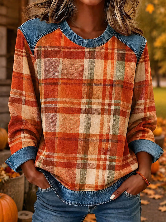 Women's Fall Plaid Print Denim Patchwork Top