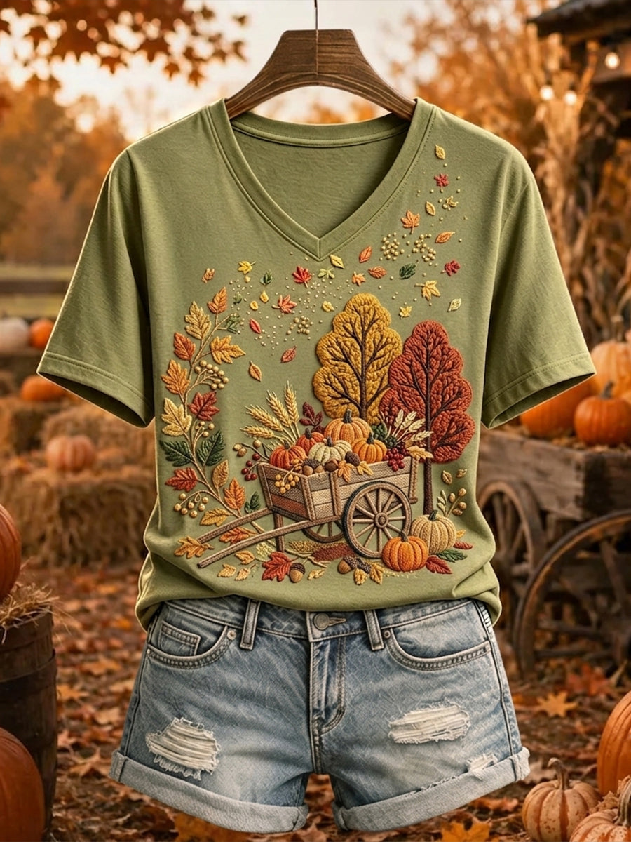 Women's Fall Tree & Pumpkins Print Comfy Short-sleeved T-shirt