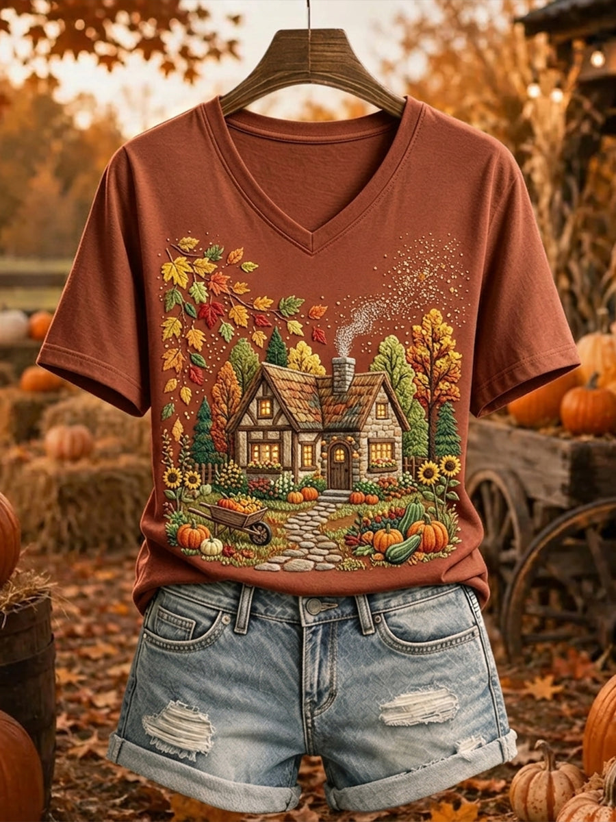 Women's Autumn Cottage Print Cozy Short-sleeved T-shirt