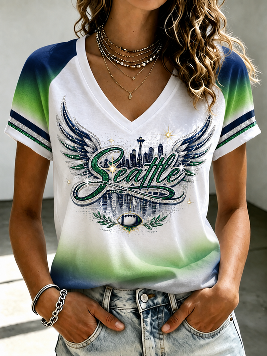 Women's Seattle Seahawks V-Neck Off-Shoulder Short-Sleeved T-Shirt