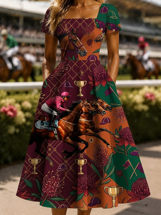 Women's Vintage Melbourne Cup Australian Horse Racing Square-Neck Dress