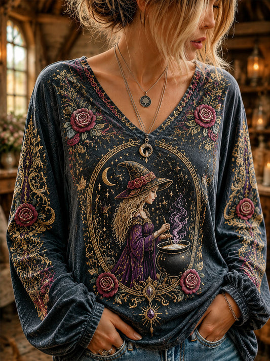 Women’s Halloween Dark Witch Printed Casual Long-Sleeve Top.