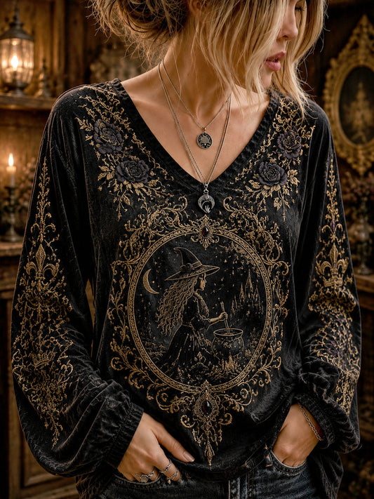 Women’s Halloween Dark Witch Printed Casual Long-Sleeve Top.