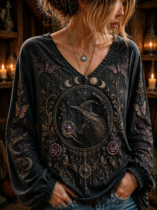 Women’s Halloween Dark Witch Printed Casual Long-Sleeve Top.