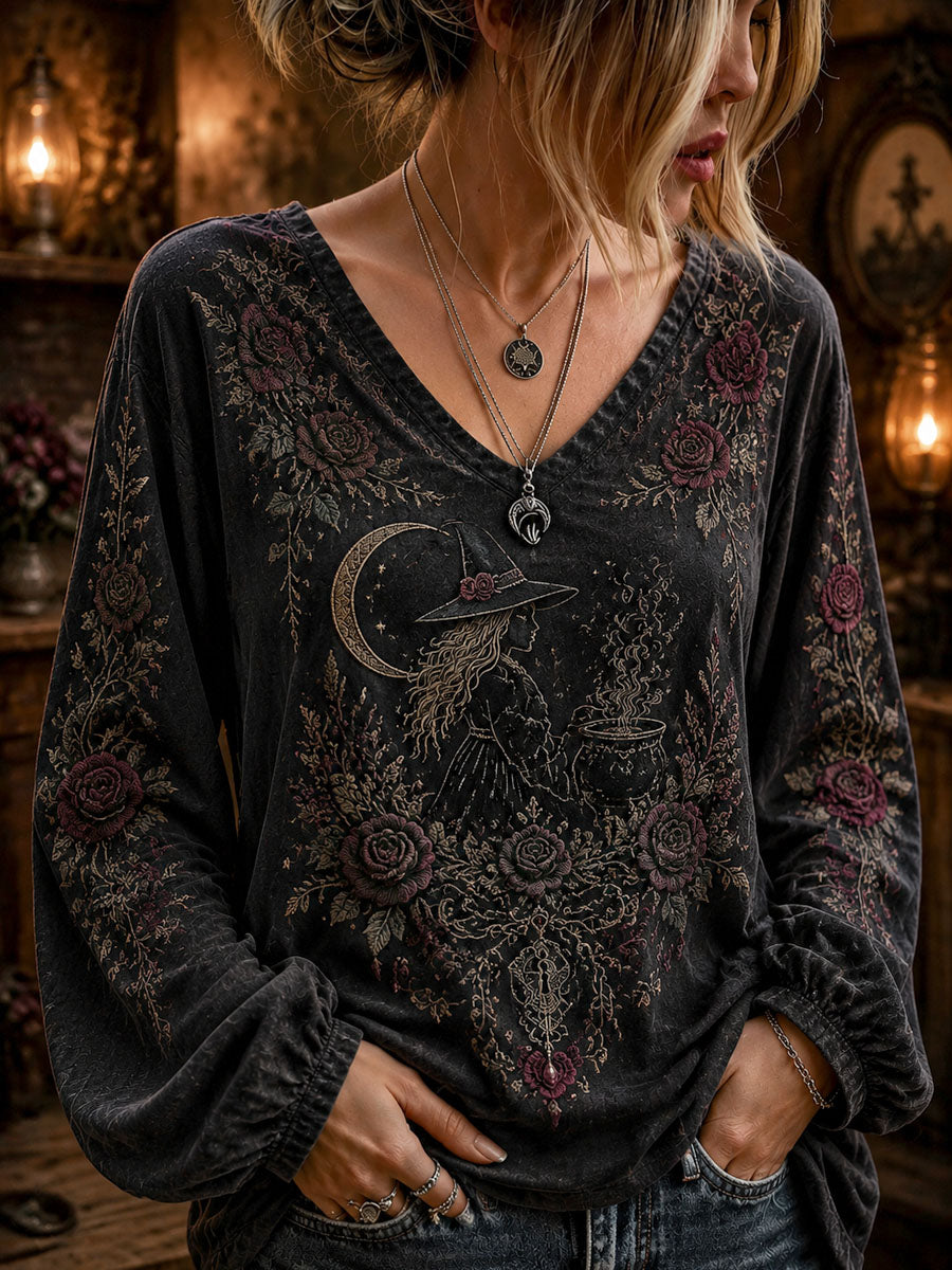 Women’s Halloween Dark Witch Printed Casual Long-Sleeve Top.