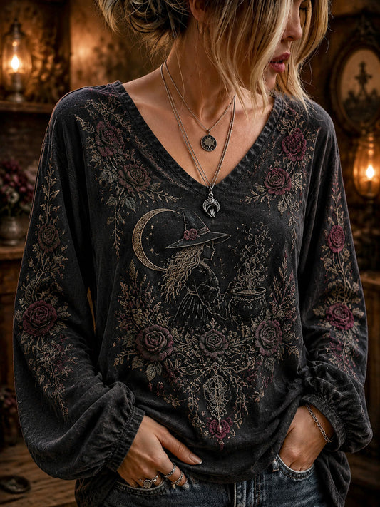 Women’s Halloween Dark Witch Printed Casual Long-Sleeve Top.