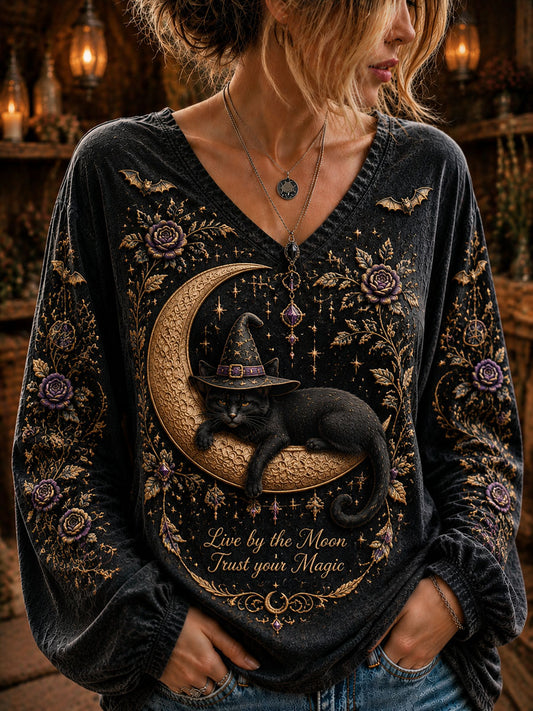 Women’s Halloween Dark Witch Printed Casual Long-Sleeve Top.