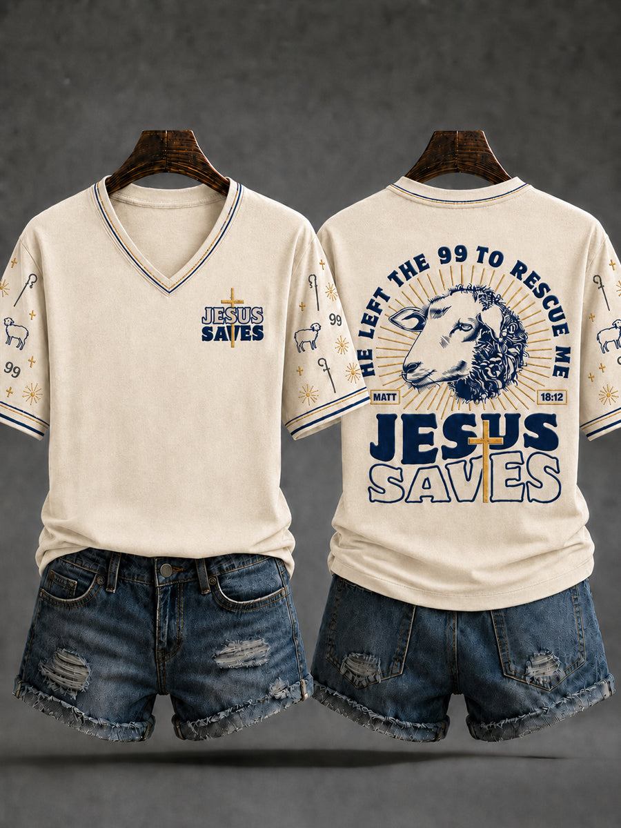 Women's Jesus Saves Christian Lamb V-neck Short Sleeve T-shirt