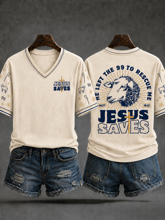 Women's Jesus Saves Christian Lamb V-neck Short Sleeve T-shirt