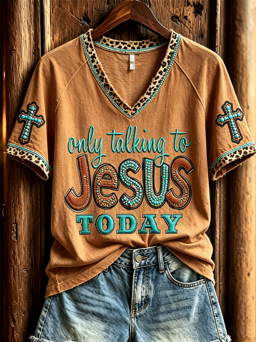 Women's Only Talking to Jesus Today Turquoise Cross Leopard Western Print short sleeve T-shirt