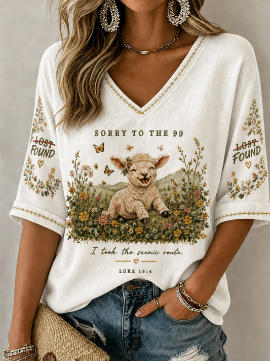 Women's Christian Lost Sheep Luke 15:4 Mid-length Sleeves V-Neck T-Shirt