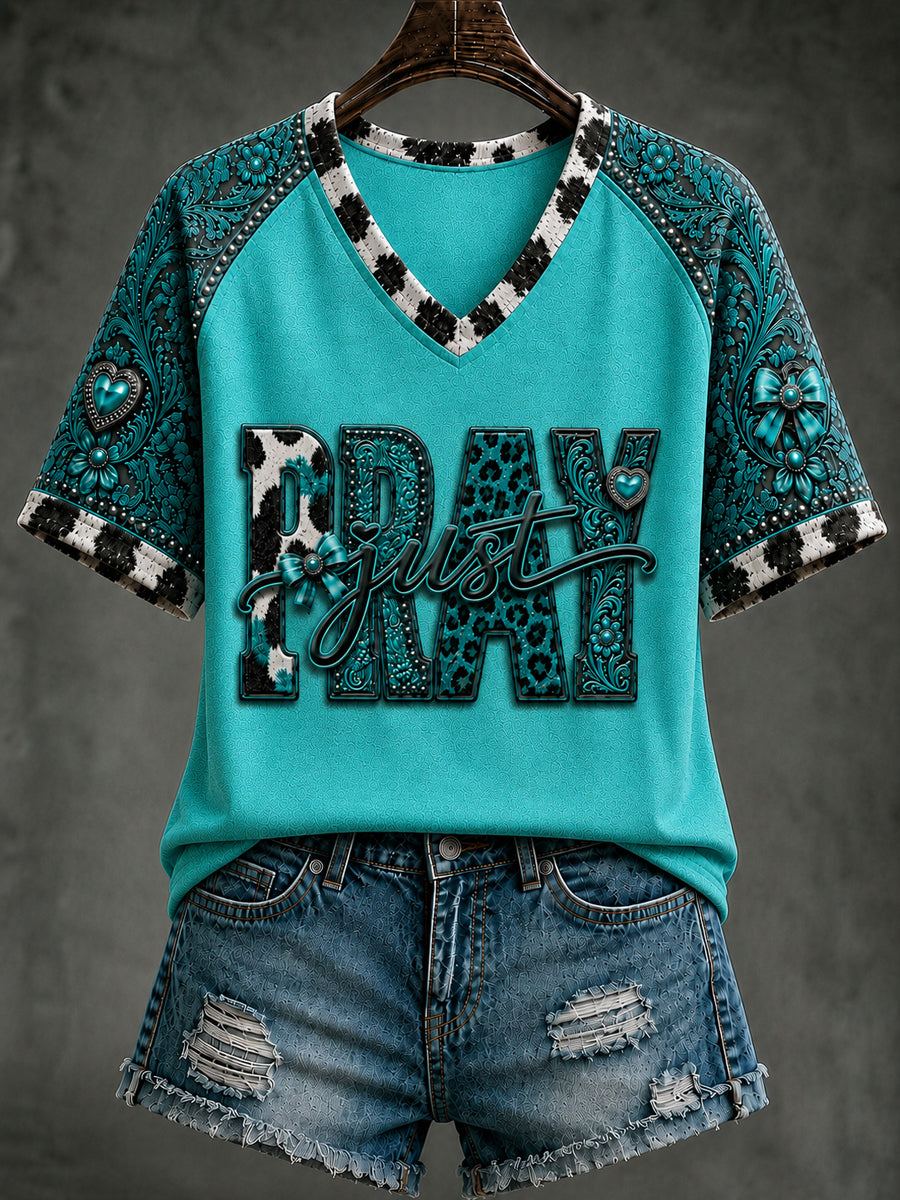Women's Retro Western Christian Just Pray V-neck Short Sleeve T-shirt
