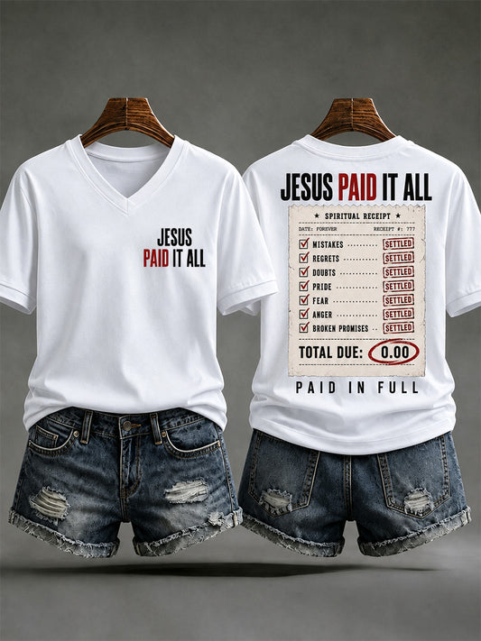 Women's Jesus Paid It All Print Casual V-Neck Tee