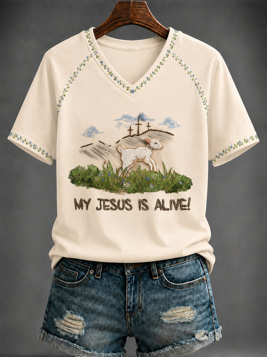 Women's MY JESUS IS ALIVE! Printed V-neck T-shirt