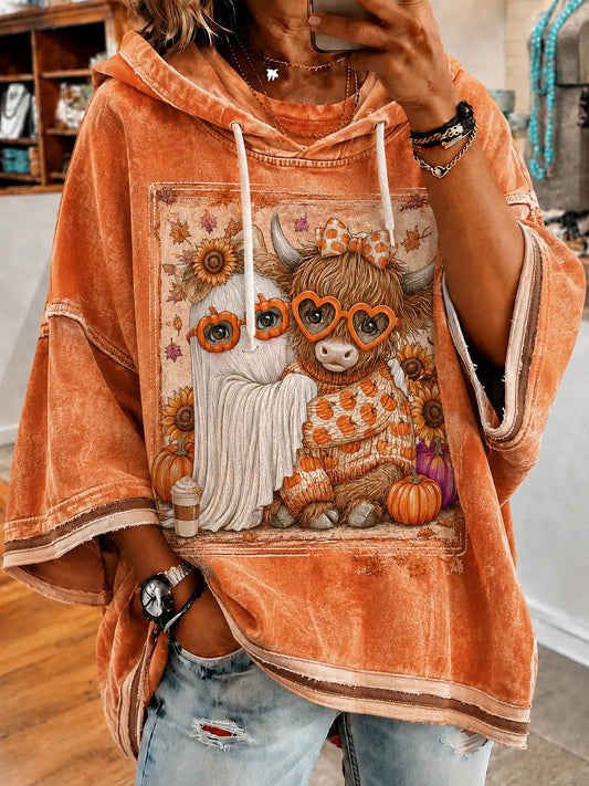 Women's Halloween Fall Highland Cow Printed Short-Sleeve Hoodie