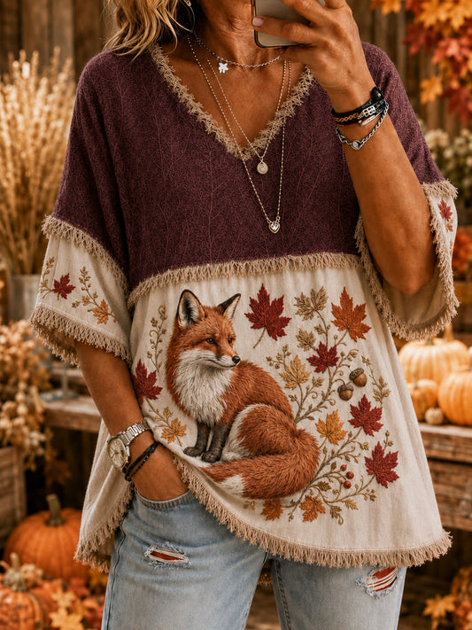 Women's Vintage Autumn Harvest Floral  Fox Art Cotton-Linen Shirt