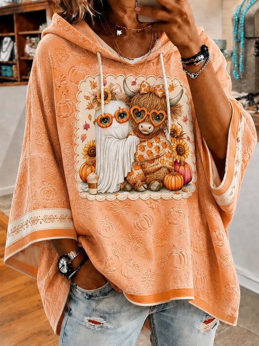 Women's Halloween Fall Highland Cow Printed Short-Sleeve Hoodie