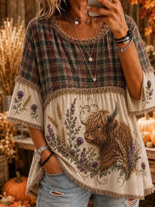 Women's Vintage Autumn-Harvest Plaid Yak-Blend Casual Top