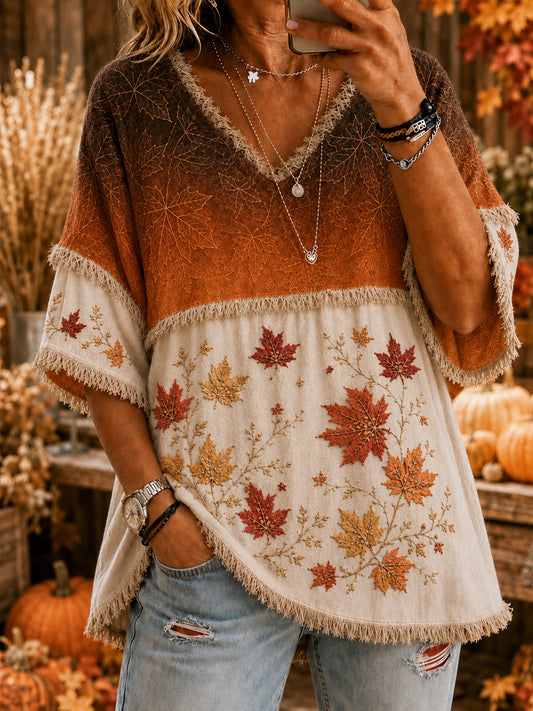 Women's Vintage Autumn Harvest Maple Leaf Casual  Cotton-Linen Shirt