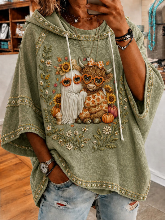 Women's Halloween Fall Highland Cow Printed Short-Sleeve Hoodie