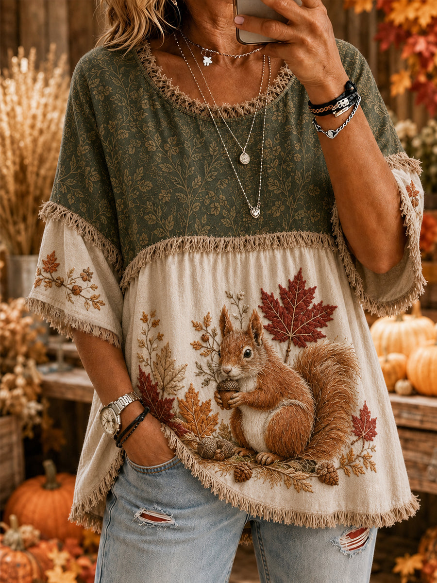 Women's Casual Top with Vintage Autumn Harvest Maple Leaf and Squirrel Print