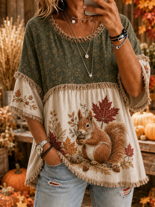 Women's Casual Top with Vintage Autumn Harvest Maple Leaf and Squirrel Print