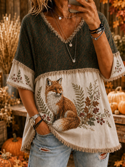 Women's Vintage Autumn Harvest Floral Fox Art Cotton-Linen Shirt