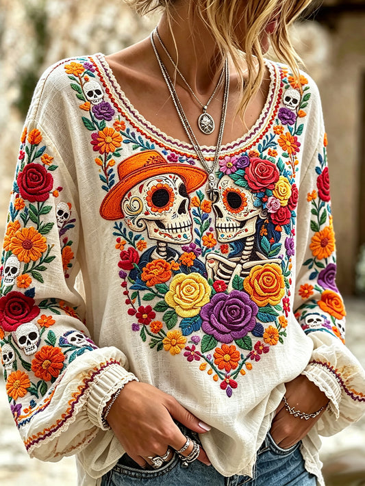 Women's skull and plant flower pattern printed casual cotton and linen shirt