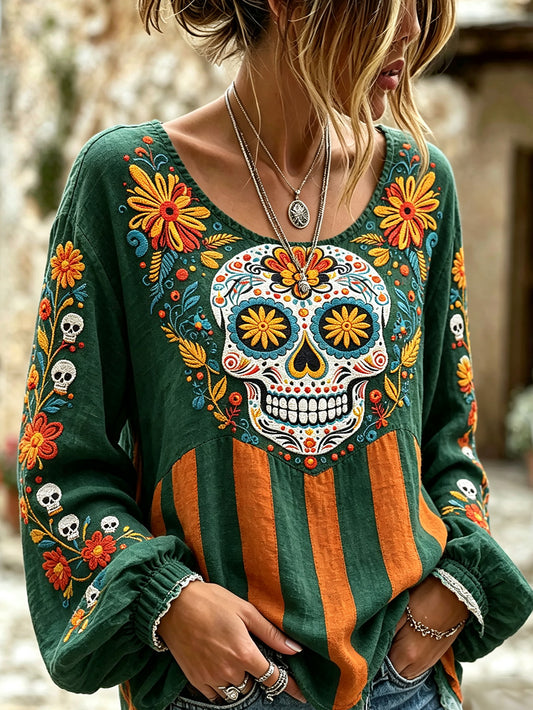 Women's skull and plant flower pattern printed casual cotton and linen shirt