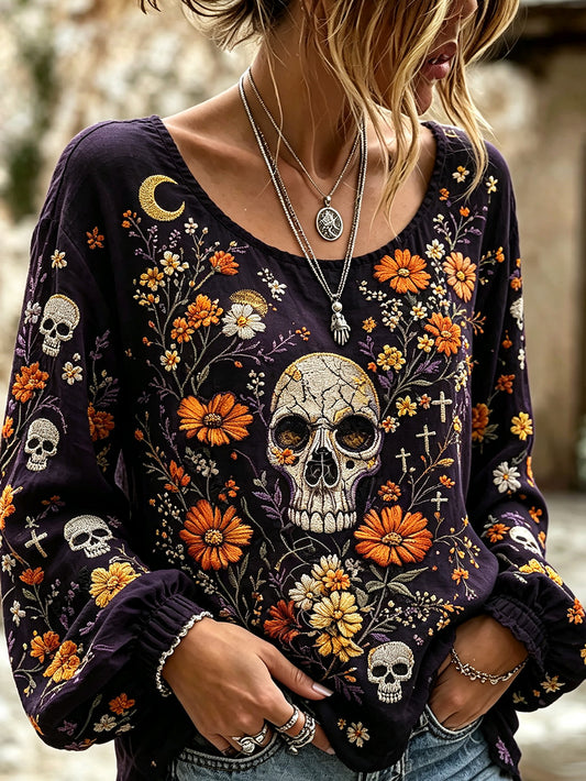 Women's skull and plant flower pattern printed casual cotton and linen shirt