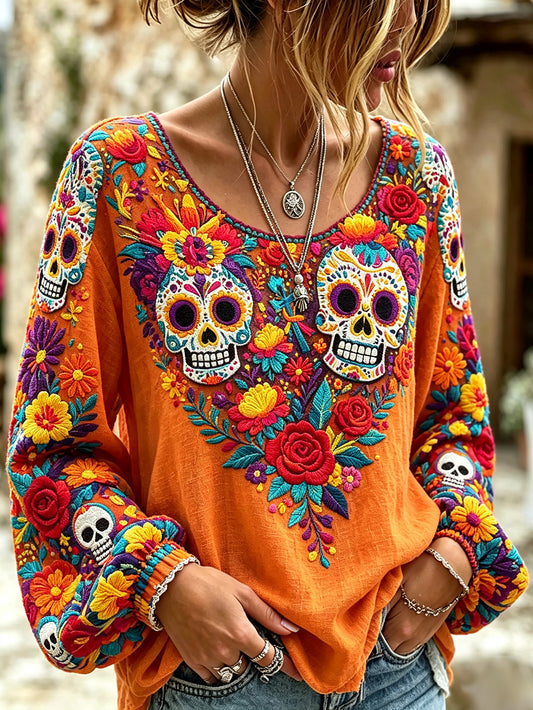 Women's skull and plant flower pattern printed casual cotton and linen shirt