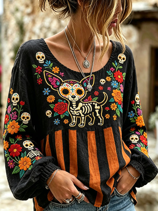 Women's skull and plant flower pattern printed casual cotton and linen shirt