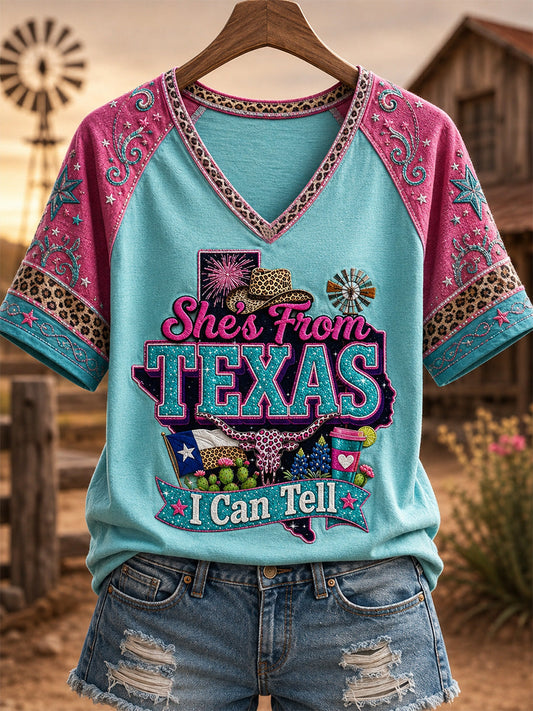 Women's She's From Texas I Can Tell Print Casual V-Neck Tee