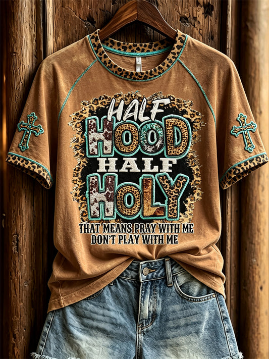 Women's Half Hood Half Holy Western Leopard Print short sleeve T-shirt