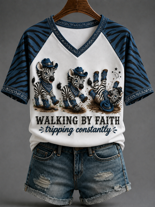 Women's Walking By Faith V-neck Off-shoulder Short-sleeved T-shirt