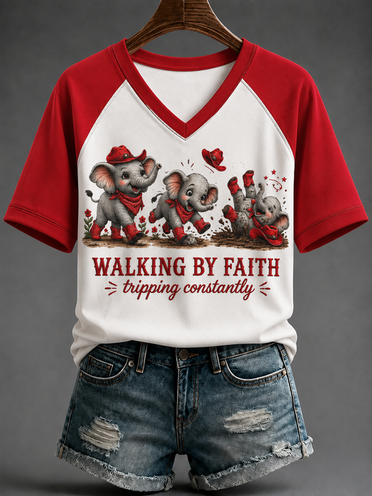 Women's Walking By Faith V-neck Off-shoulder Short-sleeved T-shirt