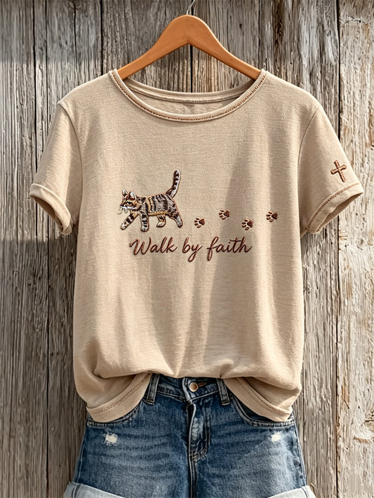 Women's Walk By Faith Tabby Cat & Paw Prints short-sleeved T-shirt