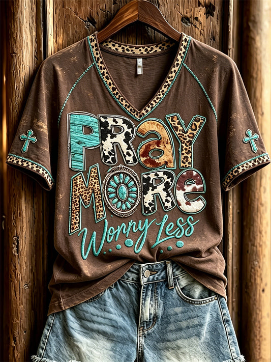 Women's Pray More Worry Less Turquoise Christian Western Print short-sleeved T-shirt